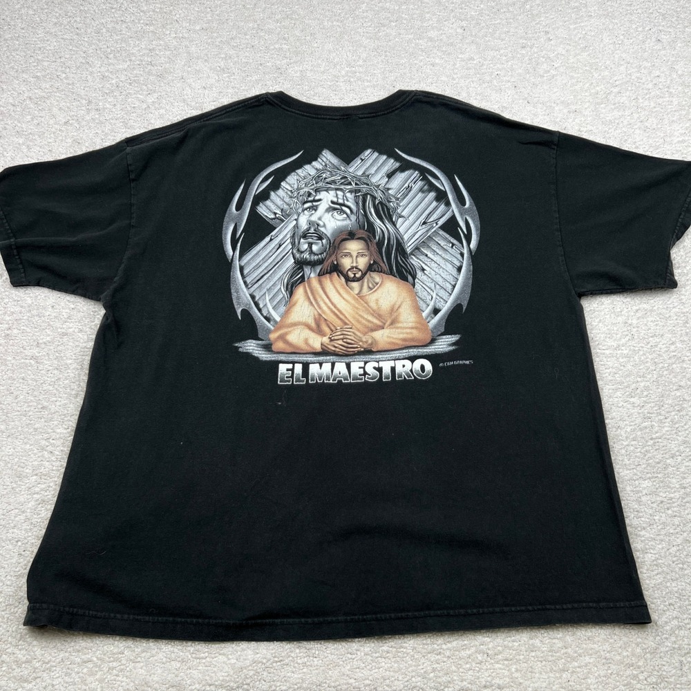 El Maestro Jesus Christ Graphic T-Shirt Mens Black Short Sleeve Streetwear XL